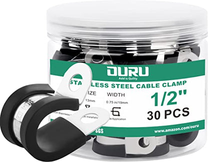OURU 1/2-Inch Stainless Steel Rubber Coated Pipe & Wire Clamps (30pcs, Black, 13mm) - size: 30pcs - 1/2"