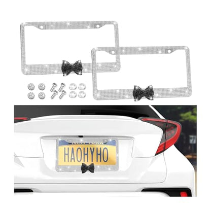 Bling Car License Plate Frame for Women, 2PCS Crystal Rhinestone Stainless Steel Vehicle Plate Holder, Glitter Diamond Sparkly Auto Plate Cover Accessories, Universal Fit (White/Black Bow) - color: White/Black Bow