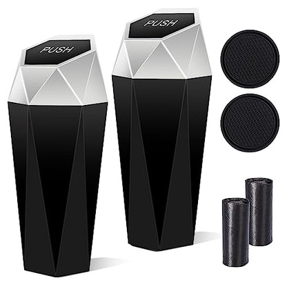 Car Trash Can with Lid, 2 Pack Diamond Design Mini Cup Holder Trash Can for Car, Office, Home Use, Silver - color: Silver, size: 2 Pack