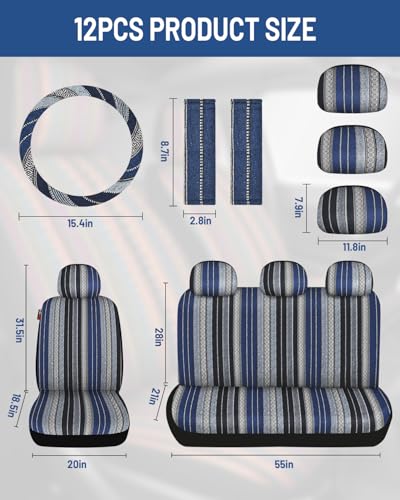 Baja Saddle Blanket Car Seat Covers Full Set with Seat Belt Pads and Steering Wheel Cover, Washable Breathable Striped Woven Cloth Seat Covers for Cars, SUV, Truck(Blue,Large) - color: Blue, size: Full Set