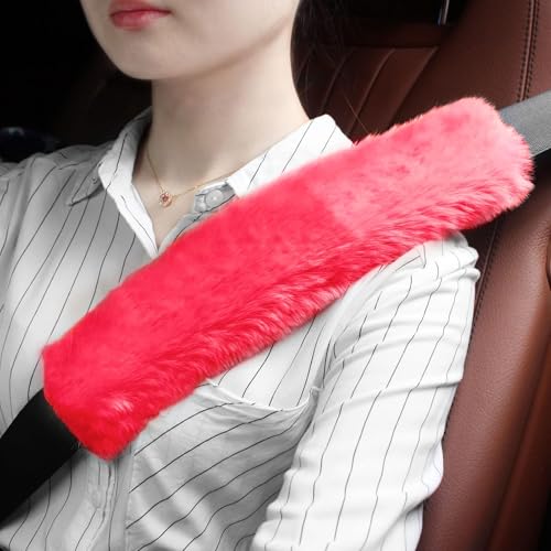 GAMPRO Car Seat Belt Pad Cover Kit, 2-Pack 13 inch Faux Rex Rabbit Fur Soft Comfortable Car Safety Seat Belt Strap Shoulder Pad for Adults and Children (Red) - color: Red