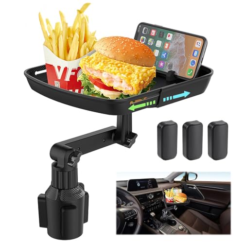 Larger Cup Holder Tray for Car, 10 inch Car Food Tray with Phone Holder Detachable 3 in 1 Car Cup Holder 360° Rotating Food Table Tray Expander for Eating