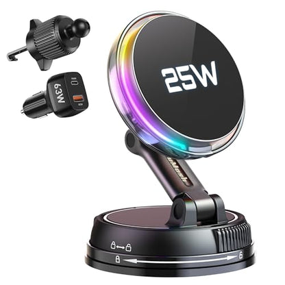 Qi2.2 25W MagSafe Car Mount Charger, [Phone Cooling Fan＆RGB Lights] Wireless Car Charger with 78+LBS Vacuum Suction, 360°Rotatable Magnetic Car Phone Holder with 63w Adaper for iPhone 17-12 Series