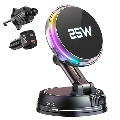 Qi2.2 25W MagSafe Car Mount Charger, [Phone Cooling Fan＆RGB Lights] Wireless Car Charger with 78+LBS Vacuum Suction, 360°Rotatable Magnetic Car Phone Holder with 63w Adaper for iPhone 17-12 Series