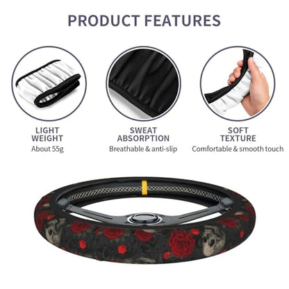Halloween Skull Steering Wheel Cover Elastic Non-Slip Car Steering Wheel Covers with Seat Belt Shoulder Pad for Women Men - color: Halloween Skull
