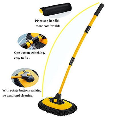 BMLEI Car Wash Brush with Long Handle, Chenille Microfiber Mop Mitt with 1 Replacement Head, Wheel Brush Extension Pole Cleaning Kit & Towels for Cars & Trucks - 5PCS - color: 5pcs Yellow Mop Washing Set