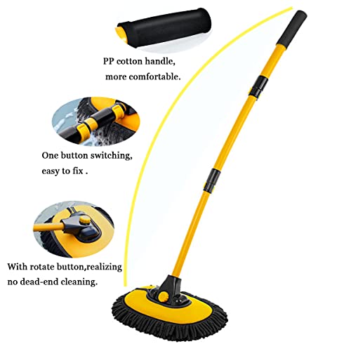 BMLEI Car Wash Brush with Long Handle, Chenille Microfiber Mop Mitt with 1 Replacement Head, Wheel Brush Extension Pole Cleaning Kit & Towels for Cars & Trucks - 5PCS - color: 5pcs Yellow Mop Washing Set