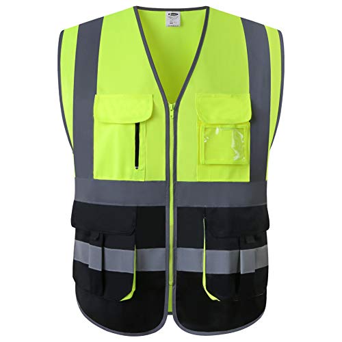 JKSafety 7 Pockets High Visibility Zipper Front Safety Vest With Reflective Strips.Meets ANSI/ISEA Standards (130-Yellow-Black XL) - color: Yellow-black, size: X-Large