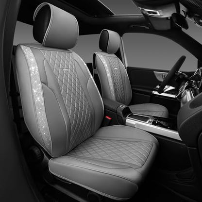 CAR PASS Gray Leather Bling Car Seat Covers Full Set, Luxury Microfiber Nappa PU Cushioned, Waterproof Anti-Slip Universal Fit for Auto SUV Sedan Sparkly Glitter Shining Rhinestone, Gray Diamond - color: Gray Diamond, size: Full Set