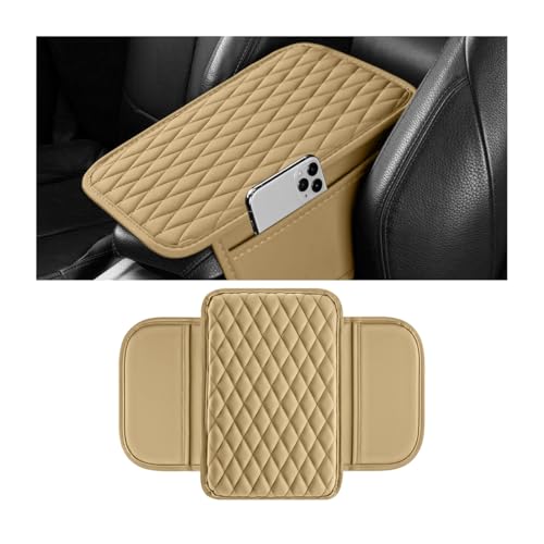 Car Armrest Cushion Pad, Leather Vehicle Center Console Cover with 2 Storage Bags, Non-Slip Automotive Interior Arm Rest Seat Box Cover Accessories, Universal for SUV RV Sedan (Beige) - color: Beige