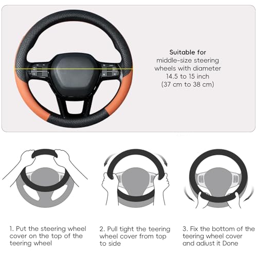 LABBYWAY Car Steering Wheel Cover, Leather, Universal 15 Inch Fit, Anti-Slip & Odor-Free,Brown - color: black&brown