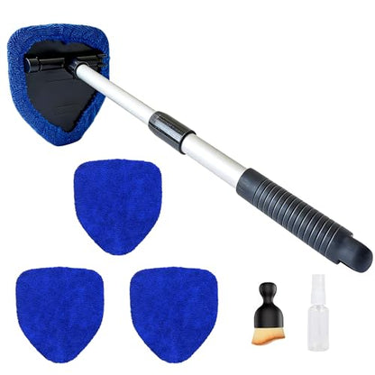 Microfiber Car Windshield Cleaning Tool with Extendable Handle,Car Defogging Glass Cleaning Brush with 4 Reusable Microfiber Pads 1 Spray Bottle and 1 Car Dust Removal Brush. (Blue) - color: blue