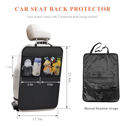 2 PCS Kick Mats with Organizer, Waterproof Auto Backseat Protector Oxford Kick Mat with 2 Mesh Pockets, Large Seat Back Covers Protect Against Kids Feet Dust Mud Scratches