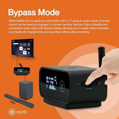 Auris Blume Duo HiFi Bluetooth 5.0 Music TV Transmitter & Receiver Long Range Wireless Adapter | Audiophile DAC, LDAC, aptX HD/LL, Display, Battery & Optical AUX Output Input for Stereo Amplifier Car
