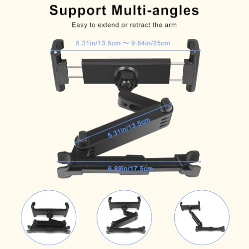 Kairiyard Tablet Holder for Car, 3 in 1 Extension Arm Adjustable Car Headrest Tablet Holder Road Trip Essentials Back Seat Tablets Cars Mount Compatible with iPad Pro, Air, Mini, 4.7-11" Devices - color: Black