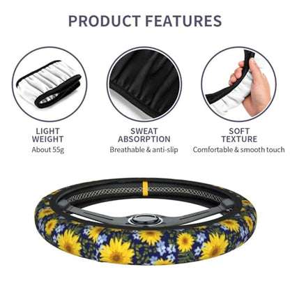 Sunflower Steering Wheel Cover with 2 Car Coasters Non Slip Neoprene for Women Men Universal 15 Inch - color: Sunflower