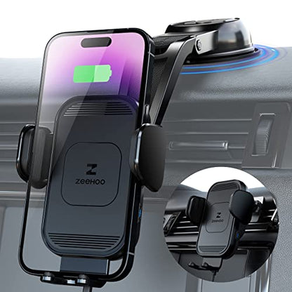 ZeeHoo Wireless Car Charger, 15w Fast Charging, Auto Clamping Car Phone Mount, Cell Phone Holder Charger, for iphone17 16 15 14 13 12 11 Pro Max Xs, Etc. (Black) - color: Black