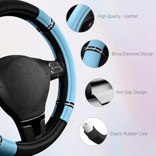 Road Comfort Leather Steering Wheel Cover – Premium Anti-Slip Car Steering Wheel Grip Cover – Universal Fit for 14.5”–15” Cars, Trucks & SUVs - Blue - color: Blue