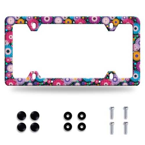 Abstract Hippie Flowers License Plate Frame Floral License Plate Stainless Steel Funny License Plate Holder Colorful Car Accessories With Screws Car Decoration 12.3" x 6.3" Fits Standard Vehicles Size - color: Pink Abstract Hippie Flowers
