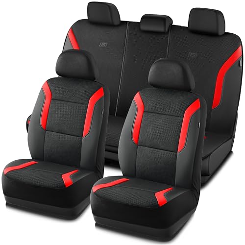 Skechers Memory Foam Car Seat Covers, Air Cool Mesh Thick Seat Covers, Car Seat Full Sets, Airbag Compatible, Automotive Comfort Protection for Most Cars,Vans,Trucks, SUVs,Red - color: Black/Red, size: Full Set