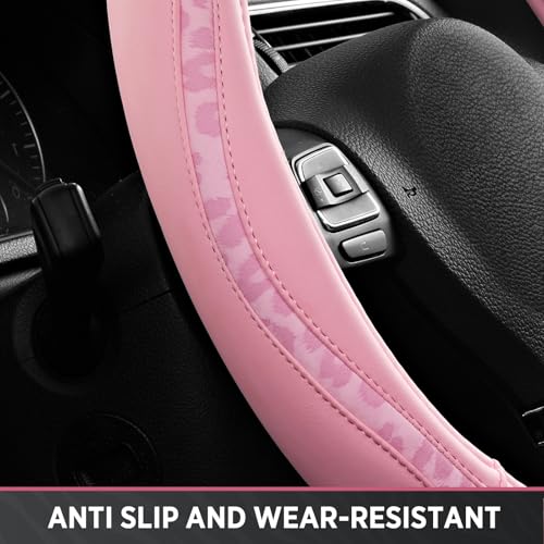 Road Comforts Steering Wheel Cover - Made with PVC Leather and Leopard Fabric - Universal 14 1/2 inches to 15 inches for Most Automotive Steering Wheel - Cheetah Print - All Pink - color: Round-All Pink