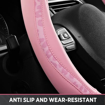 Road Comforts Steering Wheel Cover - Made with PVC Leather and Leopard Fabric - Universal 14 1/2 inches to 15 inches for Most Automotive Steering Wheel - Cheetah Print - All Pink - color: Round-All Pink