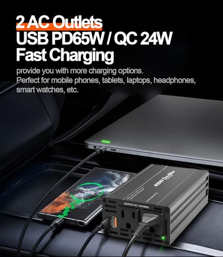 400W Car Power Inverter - Dual DC 12V to 110V AC Car Plug Adapter Outlets, Fast Charging USB C 65W & 24W Port, Power Inverters for Vehicles, Laptop Car Charger, Road Trips - color: BLACK