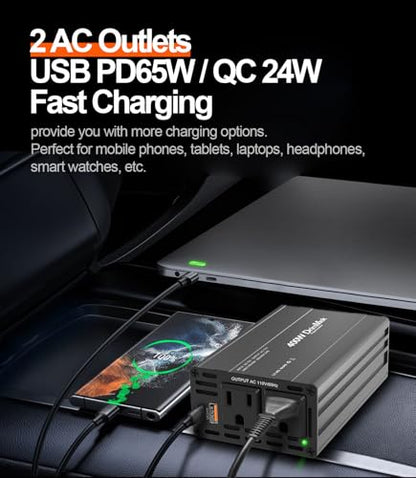 400W Car Power Inverter - Dual DC 12V to 110V AC Car Plug Adapter Outlets, Fast Charging USB C 65W & 24W Port, Power Inverters for Vehicles, Laptop Car Charger, Road Trips - color: BLACK