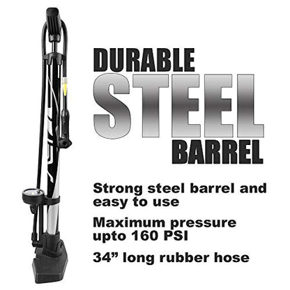 BV Bicycle Pump Durable Bike Floor Pump 17/24 inch Smart Valve Head, 160 psi, Automatically Reversible Presta and Schrader - style: Black- Full Size
