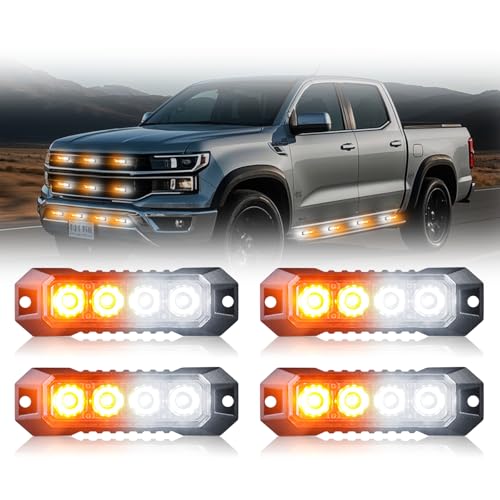 4PCS LED Emergency Strobe Lights 4 LED Amber White Surface Mount Flashing Lights Emergency Strobe Grille Beacon Hazard Warning Lights for Trucks Car Vehicles Trailer ATV RV SUV Tow 12V-24V - color: Amber/White