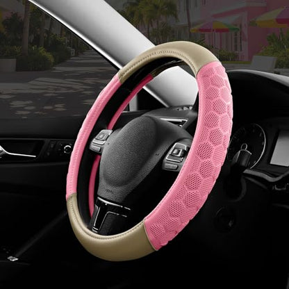 PIC AUTO Massage Steering Wheel Cover, Pink Football Pattern Material Spliced & Beige Leather Car Steering Wheel Cover, Car Steering Cover, Universal Fit 14.5"-15.5" for Cars, Trucks, Van, SUVs - color: Beige