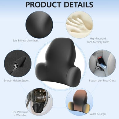 Lumbar Support Pillow with Fixed Chuck | Ergonomic Memory Foam Cushion | Washable Cover | Back Pain Relief & Posture Improvement | Fits Car/Office/Gaming Chairs/Wheelchairs & Home - color: Black