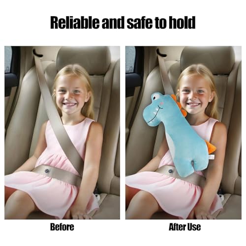 PandaEar Car Seat Belt Covers for Kids - Ultra Soft Machine Washable Dinosaur Seatbelt Pillow - Universal Shoulder Pad for Car Seats, Booster Seats & Strollers - Neck & Head Support for Travel (Blue)
