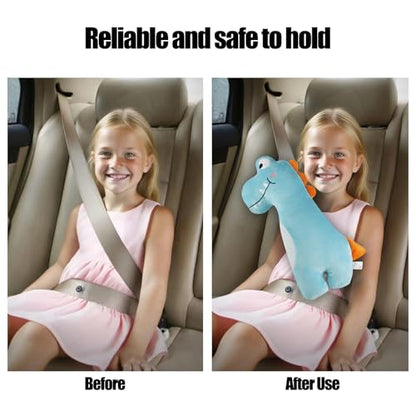 PandaEar Car Seat Belt Covers for Kids - Ultra Soft Machine Washable Dinosaur Seatbelt Pillow - Universal Shoulder Pad for Car Seats, Booster Seats & Strollers - Neck & Head Support for Travel (Blue)