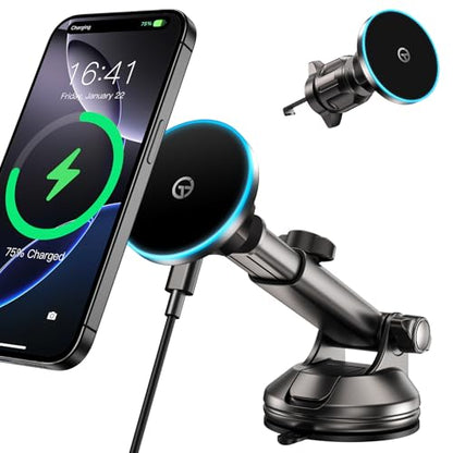 for Mag-Safe Car Mount Charger Dash Vent Windshield Wireless Car Charger with LED Light, Strong Magnetic Phone Holder for Car for iPhone 17 16 15 14 13 12 Series(Cyan) - color: Cyan