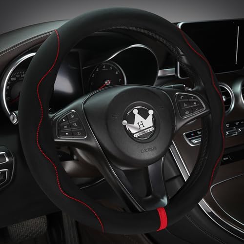 HighnessHwoo Luxury Suede Steering Wheel Cover for Cars, Soft Leather Padded Wheels Cover for F150, Trucks, Jeep, Van, Auto Thin Large Car Handle Cover, Universal Fit, Anti Slip, 15.2-16in, Black - color: Black, size: Large Size[15.2-16"](38.6-40.5cm)
