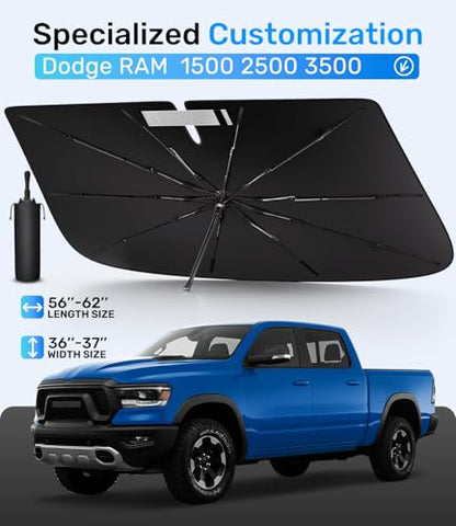 Zanch Upgrade Windshield Sun Shade, Custom Fit for Dodge RAM 1500 2500 3500 [Titanium-Silver Reflective Coating] Blocks 99% UV & Heat, Sunshade Umbrella for RAM 1500 2500 3500, 2015...2023 2024 2025 - size: For RAM 1500/2500/3500 (2015-2025)