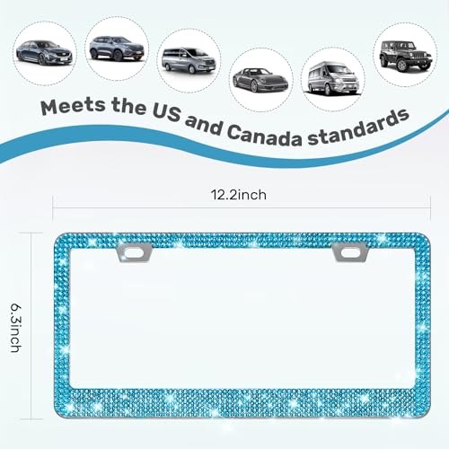 QUANQIUFEI 2 Pack Bling License Plate Frames, Sparkly Rhinestone Diamond Car License Plate Cover for Women, Stainless Steel Car Accessories with Glitter Crystal Caps (Blue Zircon) - color: Blue Zircon
