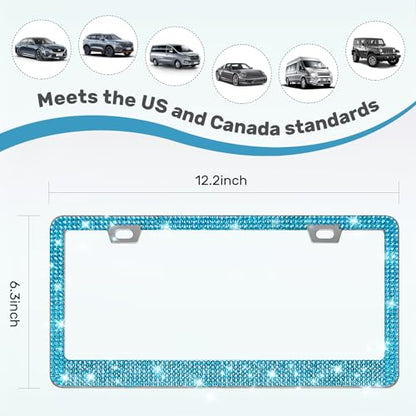 QUANQIUFEI 2 Pack Bling License Plate Frames, Sparkly Rhinestone Diamond Car License Plate Cover for Women, Stainless Steel Car Accessories with Glitter Crystal Caps (Blue Zircon) - color: Blue Zircon