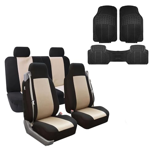 FH Group FH-FB302114 All Purpose Flat Cloth Car Seat Covers Beige/Black Color with F11306 Vinyl Floor Mats, Beige/Black Color - Fit Most Car, Truck, SUV, or Van - color: Beige, size: Full Set with Floor Mat
