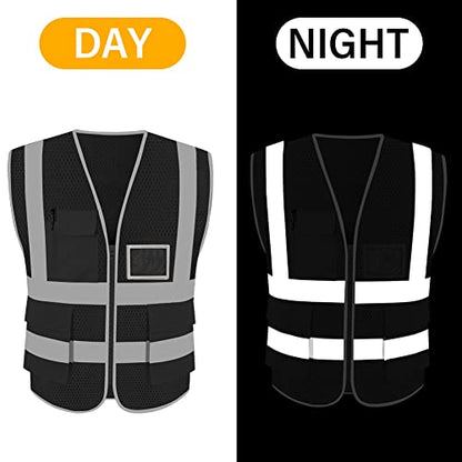 HYCOPROT High Visibility Mesh Safety Reflective Vest with Pockets and Zipper, Meets ANSI/ISEA Standards - color: Black, size: X-Large