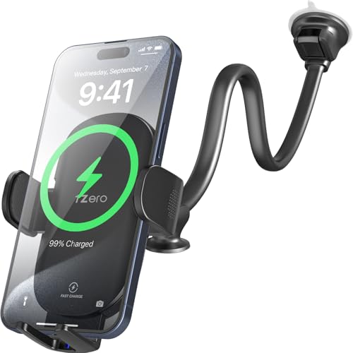 1Zero Solid Car Truck Phone Mount Wireless Charger Holder with 14-Inch Gooseneck Long Arm for iPhone 15 Pro Max Plus 14 13 12 11 XS X Samsung S24 Ultra S23 S22 S22 S21 S20 Pixel 9 Pro XL 8 7 6 5 4 - color: Upgraded Wireless Charger Holder