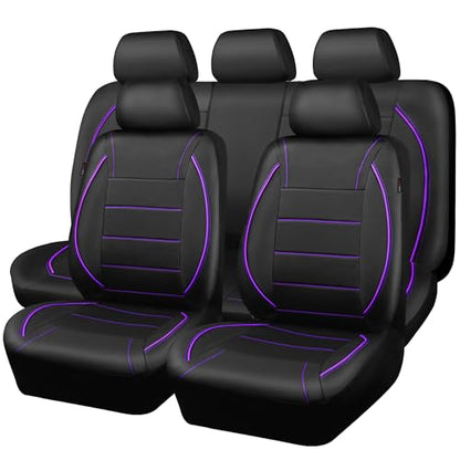 CAR PASS Piping PU Leather Car Seat Cover,Inside Zipper Design and Reserved Opening Holes Airbag Compatible,Universal FIT for Car, SUVs,Van,Trucks,Full Set, Black & Purple - color: Black and Purple