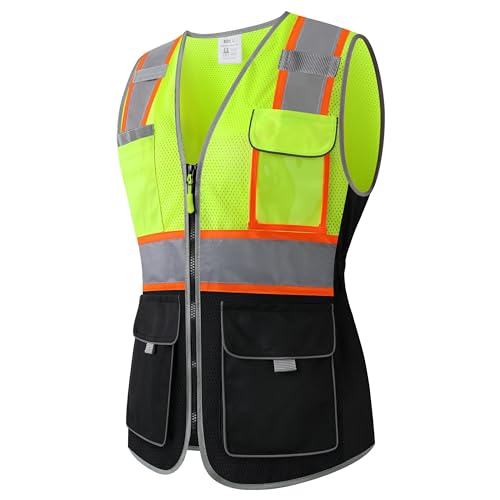 Safety Vest for women, Hi vis Reflective Lady Work vest With 9 Multi Pocket And Zipper - color: Yellow+black, size: Large