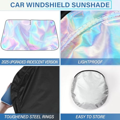 Iridescent Sun Shade for Car Windshield, Foldable Universal Car Windshield Upgrade Sunshade Enhanced UV Rays Reflective Sun Visor Shade Keeps Vehicle Cool - color: Silver- Colorful, 57"x31.5"