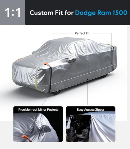 Wigoo Dodge Ram 1500 Truck Car Cover Accessories 2019-2026, Custom Fit Waterproof All Weather Outdoor Full Pickup Cover, Windproof UV Rain Snow Dust Protection, Door Zipper, Reflective Strips - size: for Dodge RAM 1500 (2019-2026)