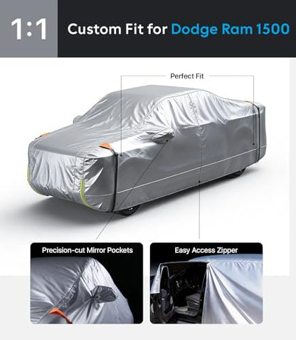 Wigoo Dodge Ram 1500 Truck Car Cover Accessories 2019-2026, Custom Fit Waterproof All Weather Outdoor Full Pickup Cover, Windproof UV Rain Snow Dust Protection, Door Zipper, Reflective Strips - size: for Dodge RAM 1500 (2019-2026)