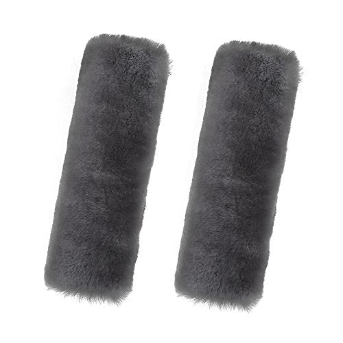 U&M 2 Pack Genuine Sheepskin Auto Seat Belt Cover for Adult Youth Kid Toddlers -Soft Warm Car, Truck, SUV, Camera Backpack Strap Shoulder Pad Wool Fluffy - color: grey