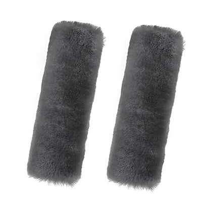 U&M 2 Pack Genuine Sheepskin Auto Seat Belt Cover for Adult Youth Kid Toddlers -Soft Warm Car, Truck, SUV, Camera Backpack Strap Shoulder Pad Wool Fluffy - color: grey