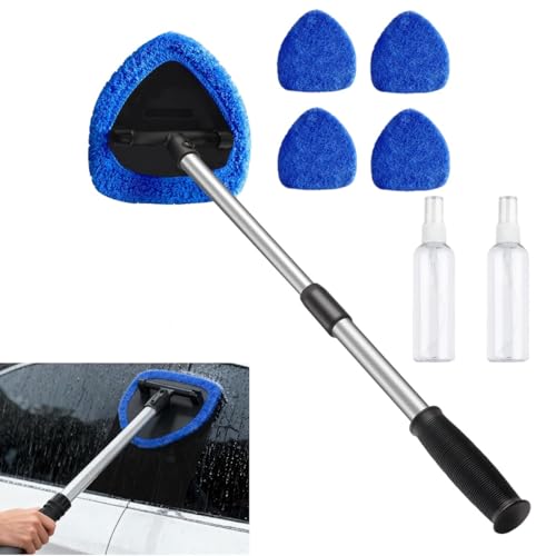 Longer Extendable Windshield Cleaning Tool,Car Window Cleaner Windshield Cleaner and Washable Microfiber Pads with 4 Reusable and 2 pcs Spray Bottles for Car and Home Window (Blue) - color: Blue